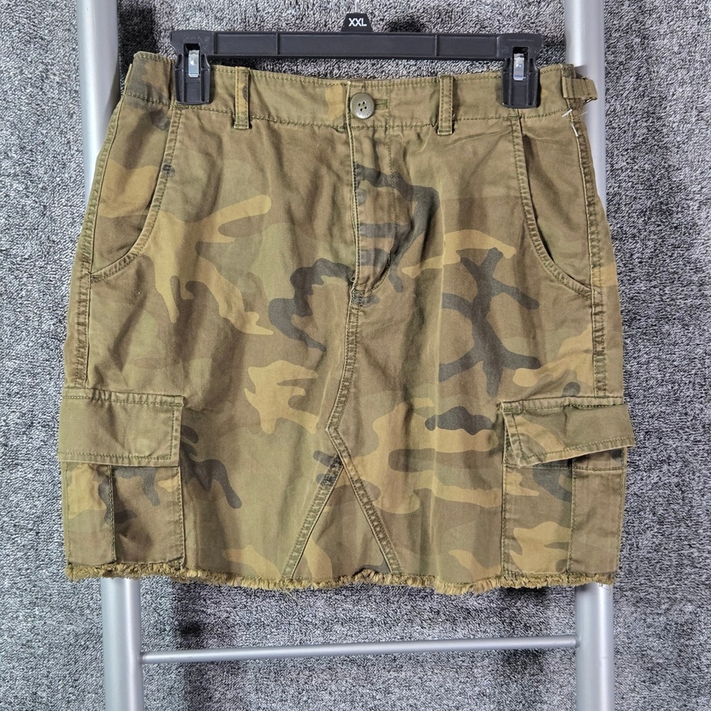 Sanctuary Standard Surplus Camo Cargo Mini Skirt Raw Hem Green Brown Size 26